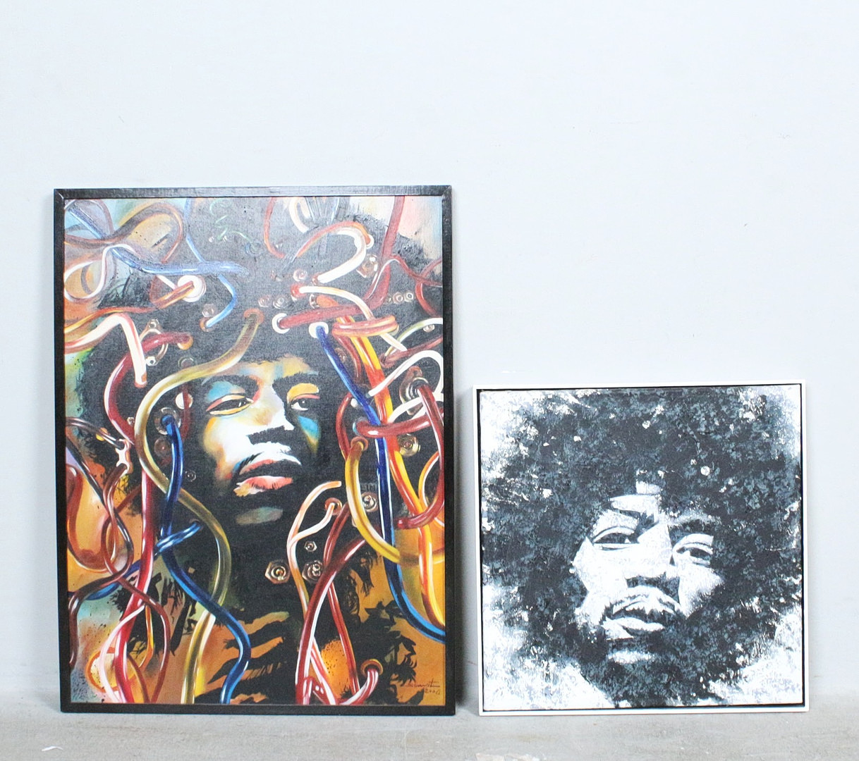 UNBEKANNTER KÜNSTLER. Paar Ölgemälde auf Leiwand, '' Portrait von Jimi Hendrix ''.