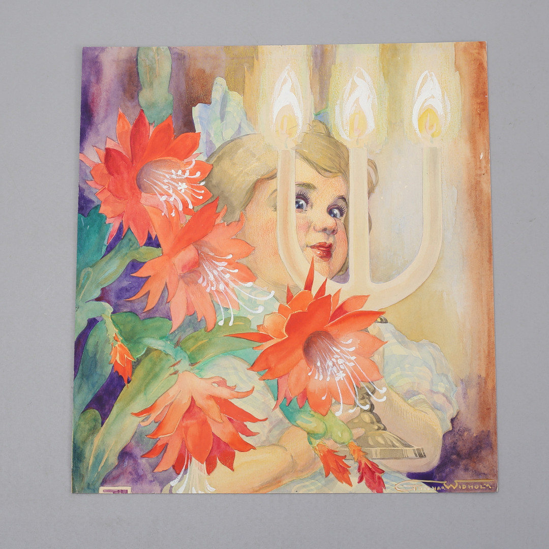 GUNNAR WIDHOLM. Flicka och julkaktus. Gouache, troligen förlaga till omslag eller plansch, signerad.