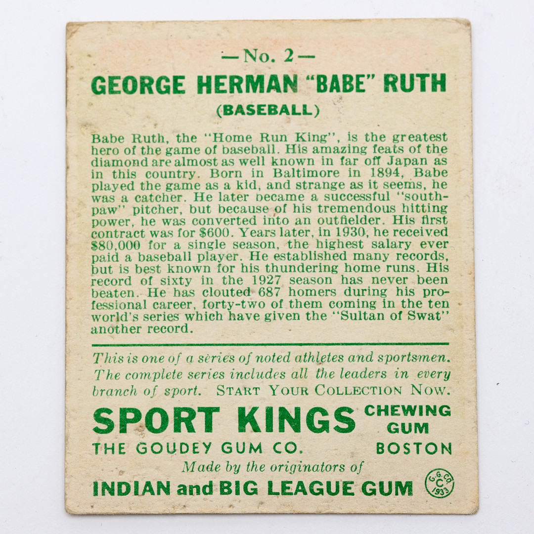 COLLECTOR'S PICTURE, Babe Ruth, No.2, Goudey Gum Co. 1933, Sport Kings Gum.