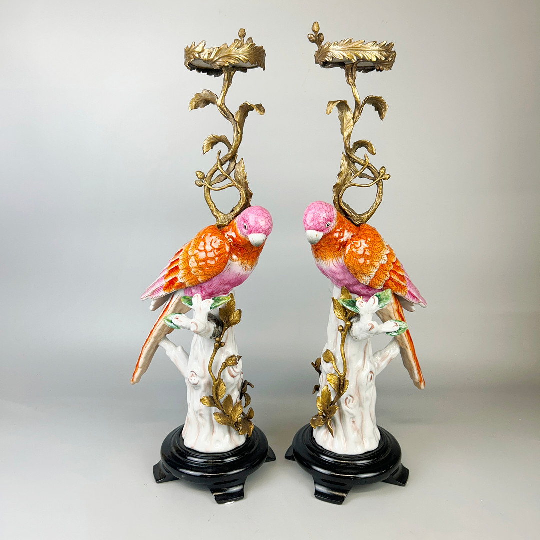 PORCELAIN PARROT CANDLESTICKS.