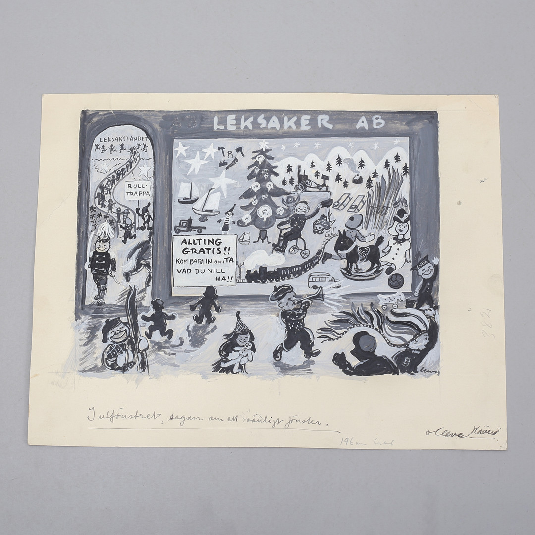 OIDENTIFIERAD KONSTNÄR. "Julfönstret, sagan om ett vänligt fönster". Gouache, troligen förlaga till bokomslag, signerad Olleve Häverö.