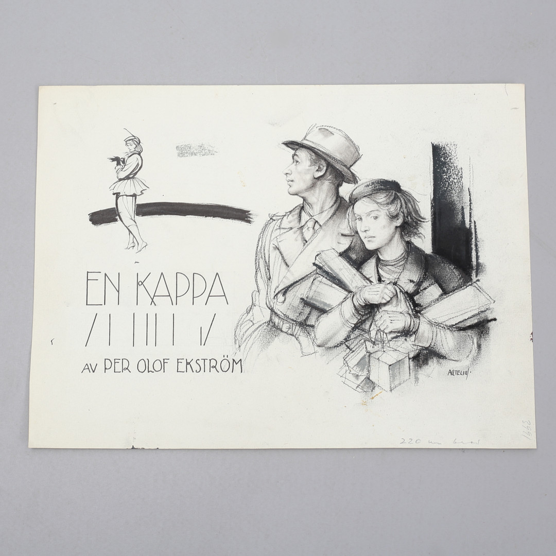 HELGE ARTELIUS. "En kappa till Helga". Blandteknik, förlaga till bokomslag eller illustration till Per Olof Ekström.