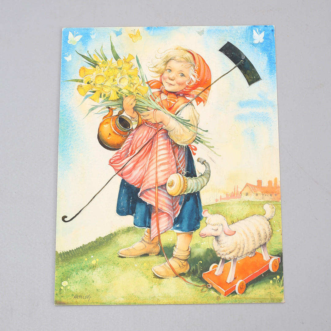 HELGE ARTELIUS. Påskkärring. Gouache på pappannå, troligen förlaga till omslag eller plansch, signerad.
