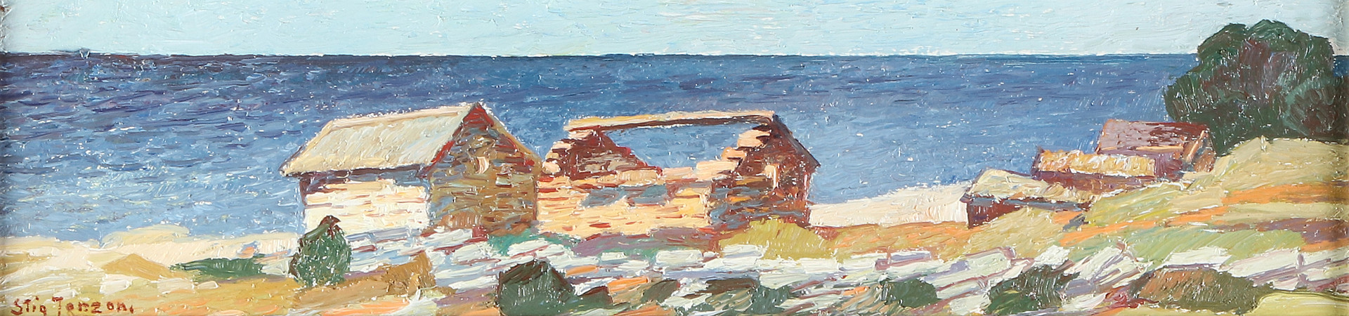 STIG JONZON. Oljemålning på pannå. "Gamla sjöbodar, Gillberga, Öland". Signerad.