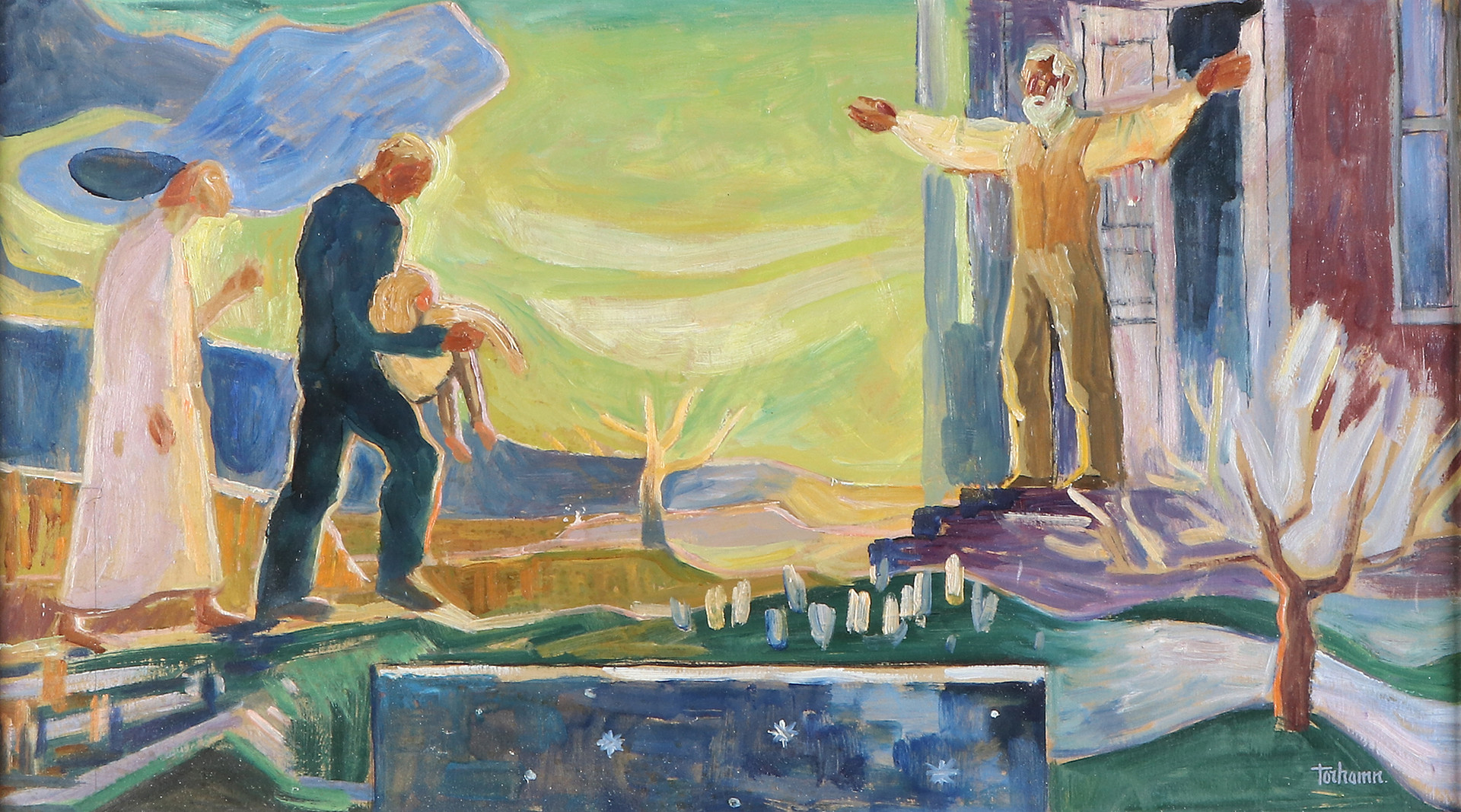 GUNNAR TORHAMN. Oljemålning på pannå. Figurer i landskap. Signerad.
