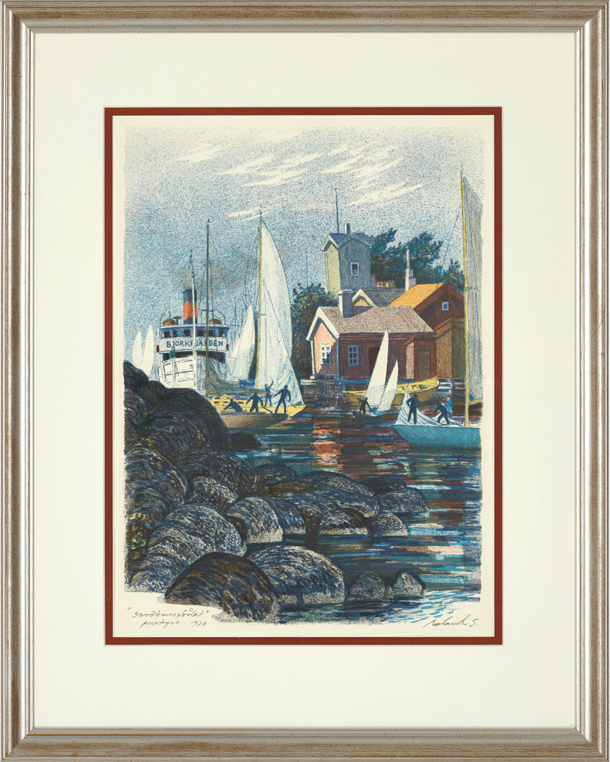 ROLAND SVENSSON (1910–2003). "Sandhamnshålet", 1978, ur portföljen "Den Gamla Ångbåten", signerad roland S., provtryck, färglitografi.