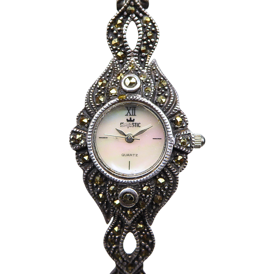 MAJESTIC DAMENARMBANDUHR AUS 925 STERLING SILBER MIT MARKASITEN BESETZT.