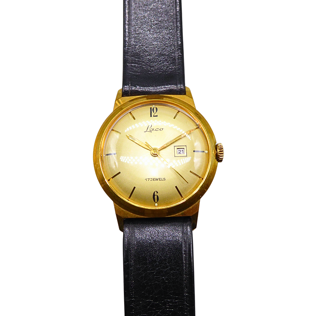 LACO 17JEWELS HERRENARMBANDUHR MIT 18 KT. GOLDAUFLAGE.