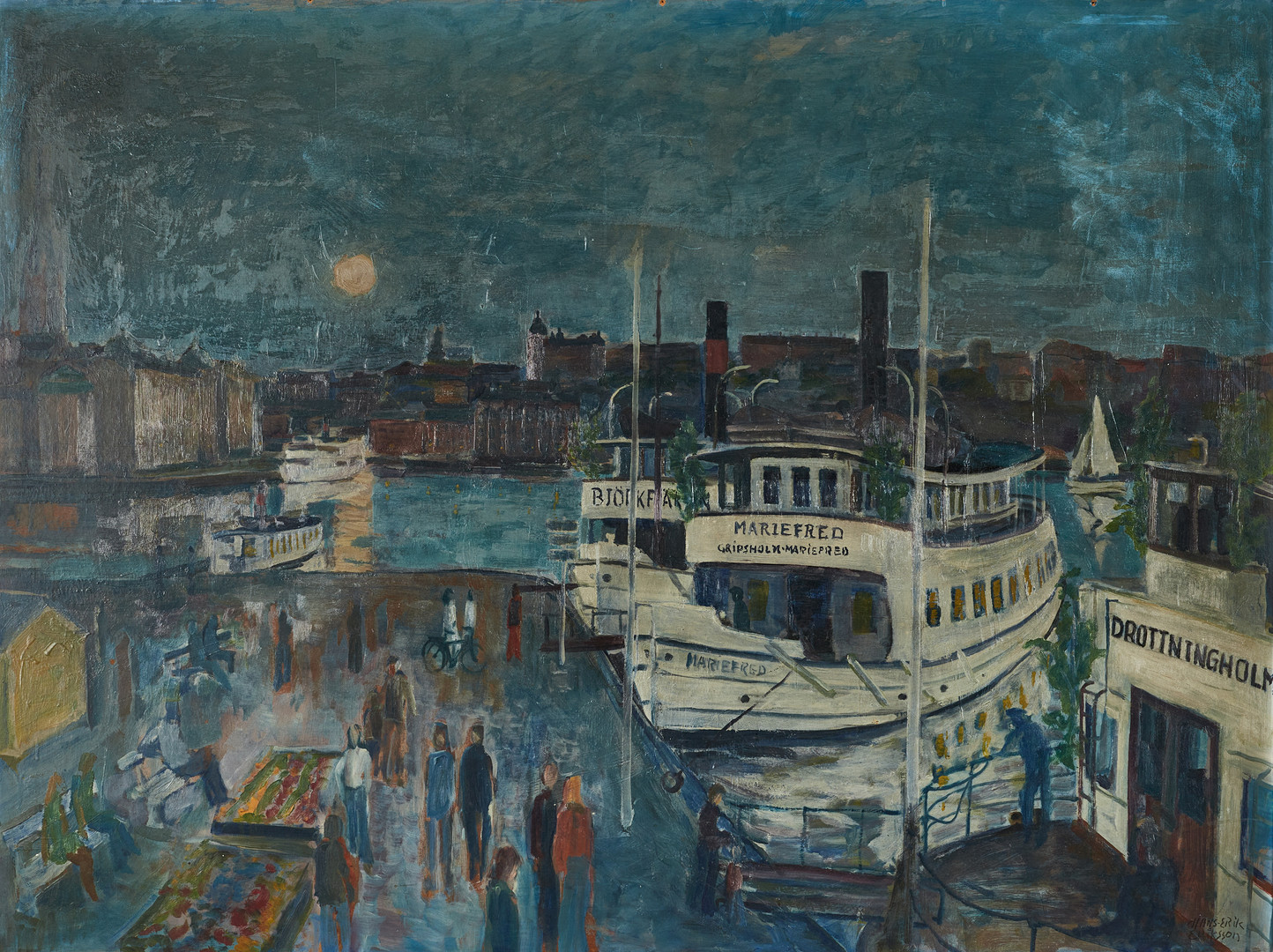 HANS-ERIK ERIKSSON (Sverige, 1921-1997): Panorama över Stockholm, i förgrunden skärgårdsbåtarna "Drottningholm", "Mariefred" samt "Björkfjärden", signerad Hans Erik Eriksson, olja på pannå.