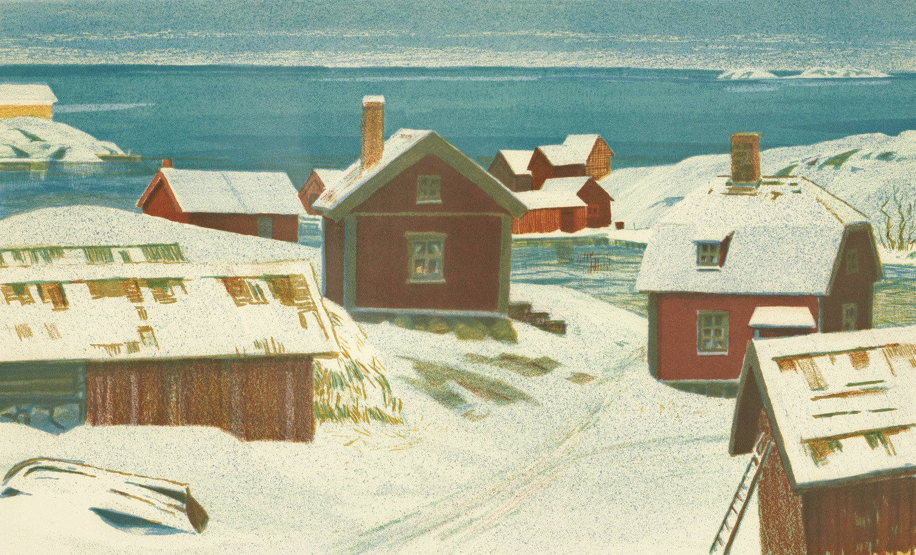 ROLAND SVENSSON (1910-2003). "Den tysta byn", Ramsmora, Möja, signerad och numrerad roland S. 147/360, färglitografi.