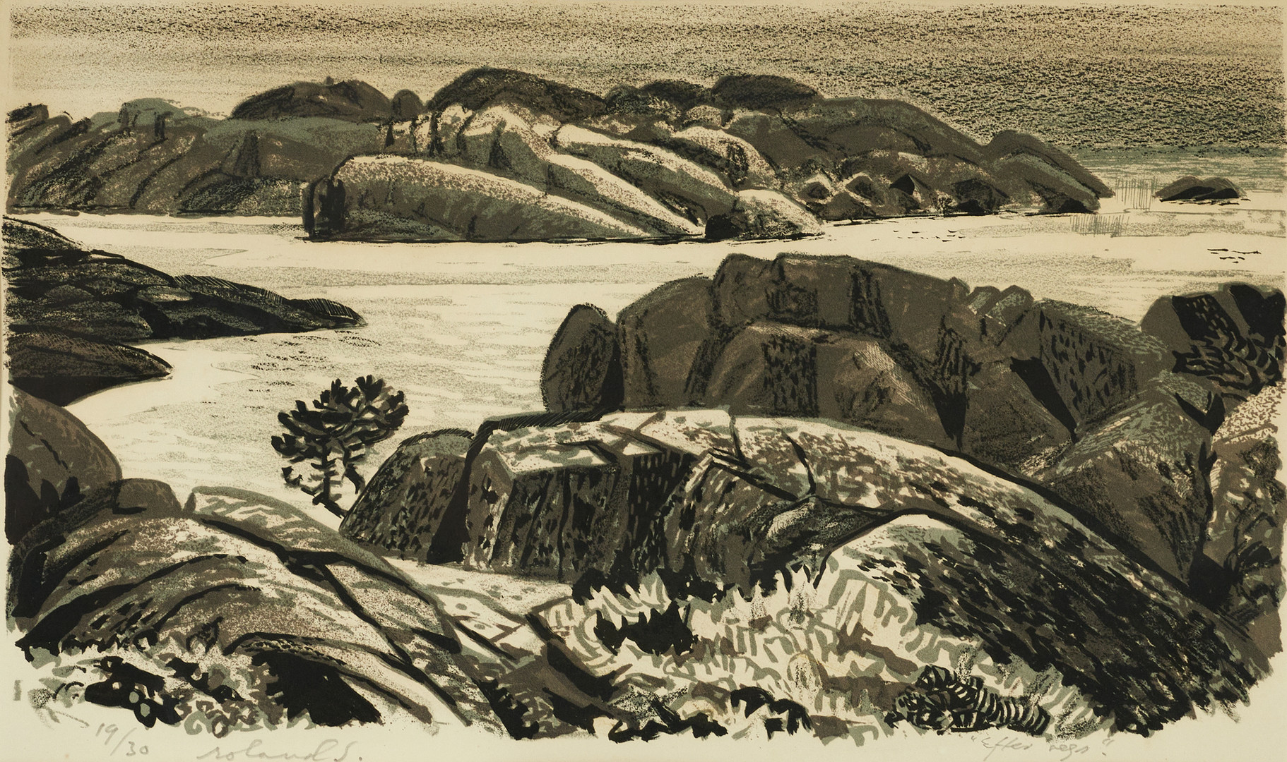 ROLAND SVENSSON (1910-2003). "Efter regn", signerad och numrerad roland S. 19/30, färglitografi.