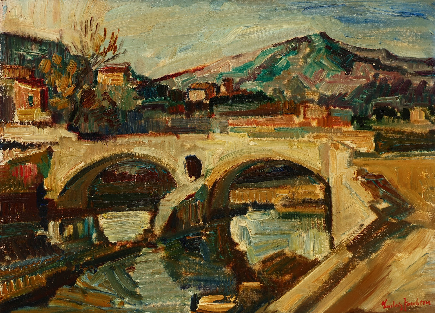 LUDVIG JACOBSEN (1890-1957). Landskabsmotiv fra Pollenca på Mallorca med Pont Roma, olie på lærred, signeret.