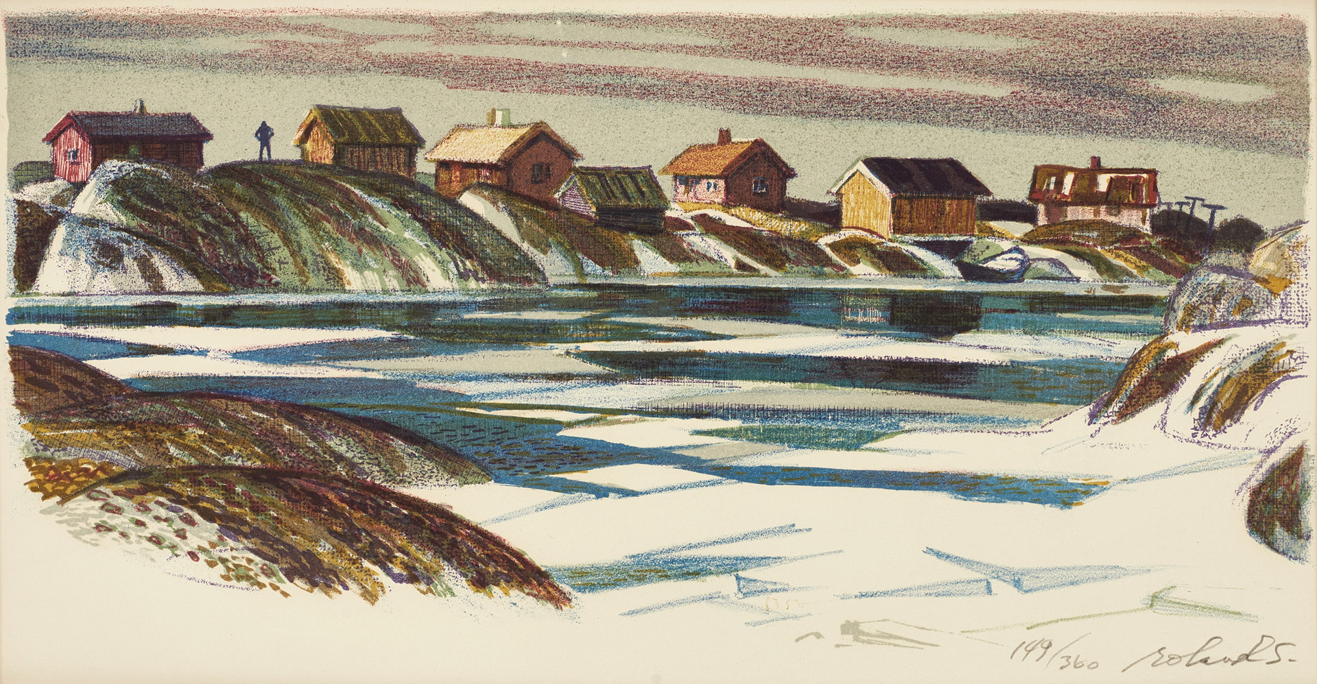 ROLAND SVENSSON (1910-2003). "Våris, Gillöga" (Västerskärshamn), signerad roland S, 149/360, färglitografi.