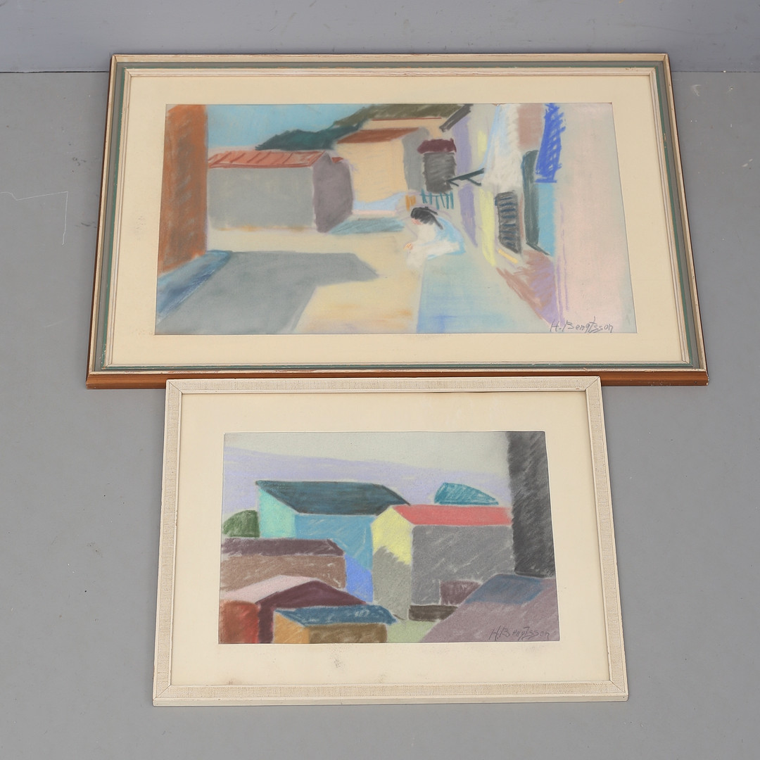 HILMER BENGTSSON. Husfasader, 2 st pasteller, signerade.