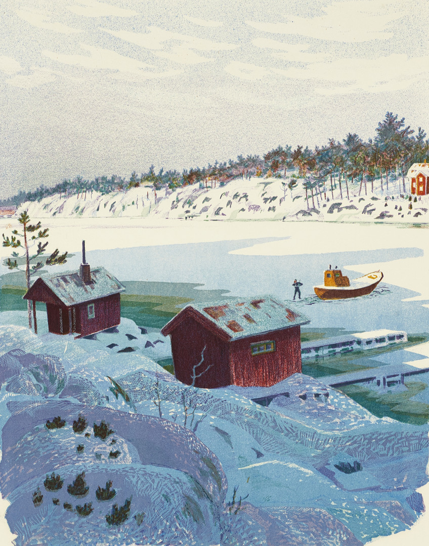 ROLAND SVENSSON (1910-2003). "Marsmorgon. Tornö", signerad och numrerad roland S. 74/250, färglitografi.