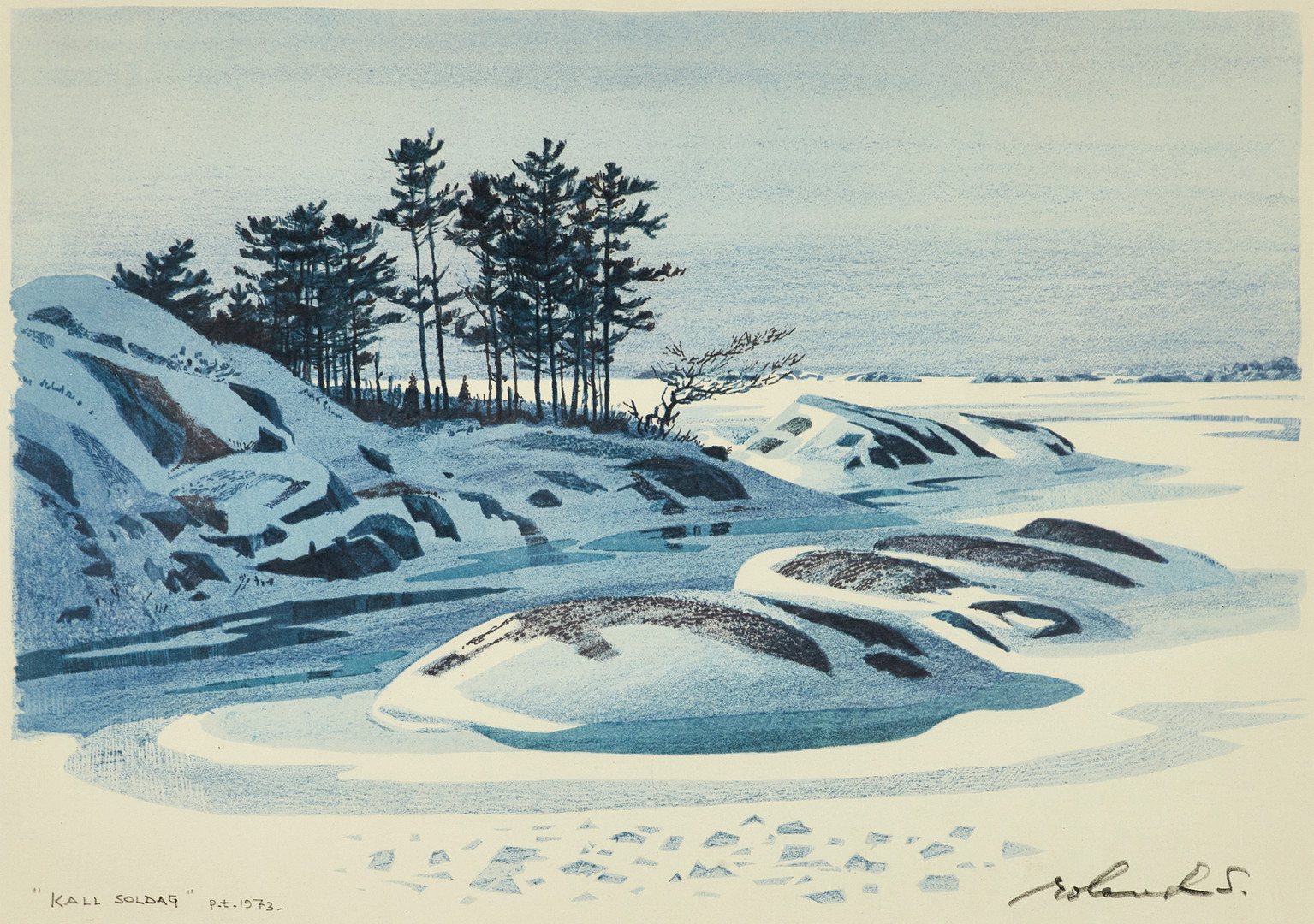 ROLAND SVENSSON (1910-2003). "Kall soldag", signerad och daterad roland S. P.t. 1973, färglitografi.
