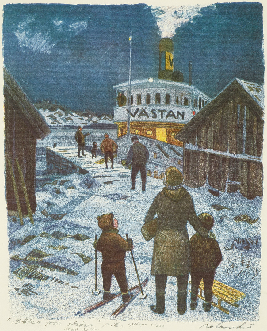 ROLAND SVENSSON (1910-2003). "Båten från staden - Västan", signerad roland S, pt med krita, upplaga 1/250, färglitografi.