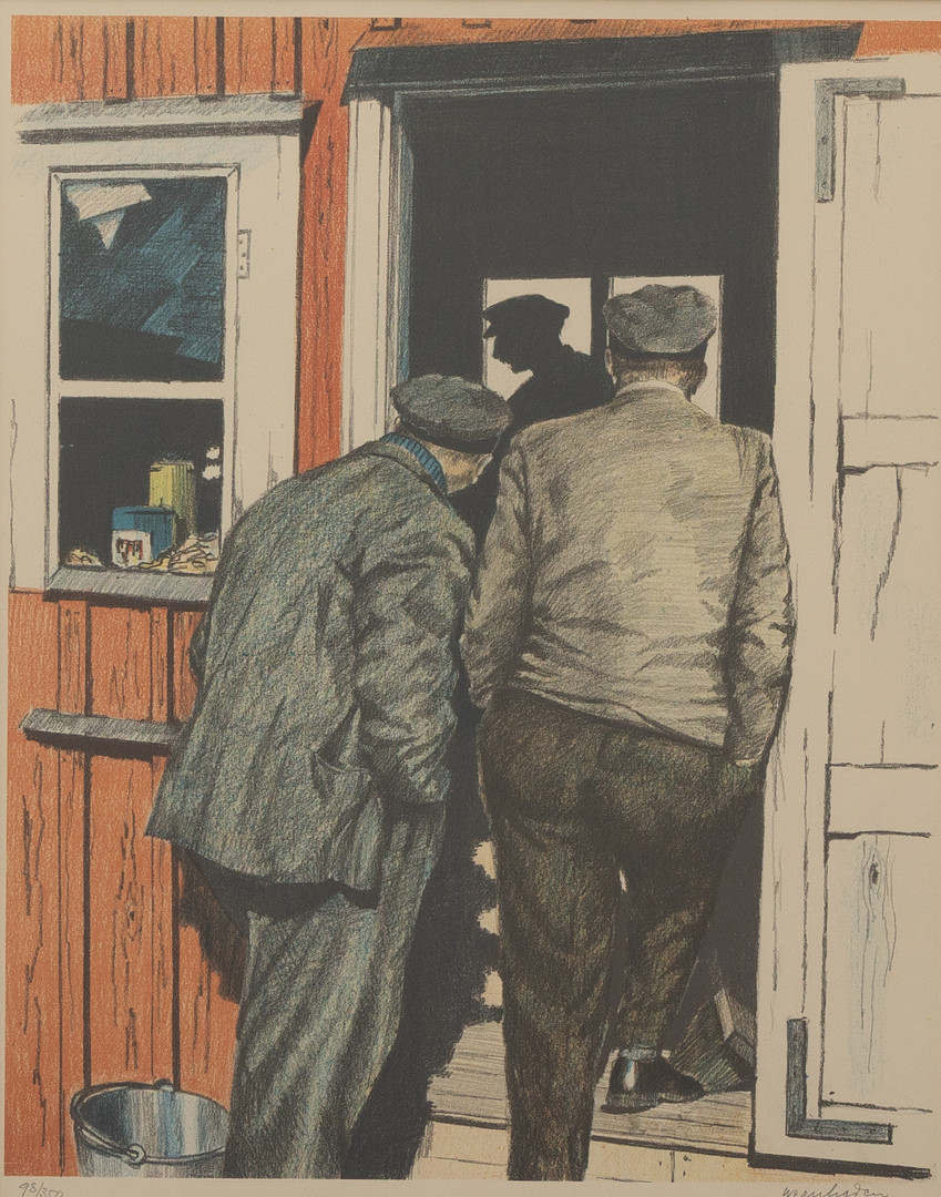 STIG WERNHEDEN. Fiskargubbar, litografi nr 98/350, signerad.