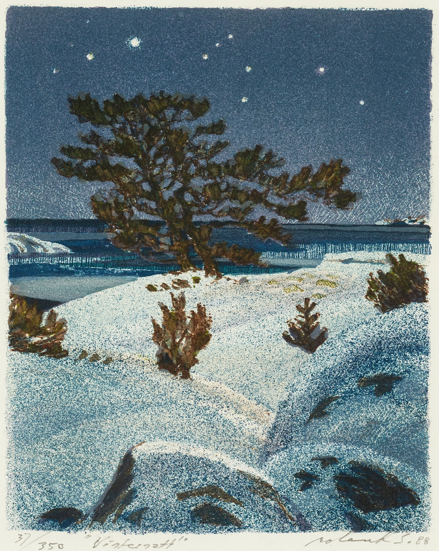 ROLAND SVENSSON (1910-2003). "Vinternatt", signerad och daterad roland S. 88, numrerad 37/350, färglitografi.