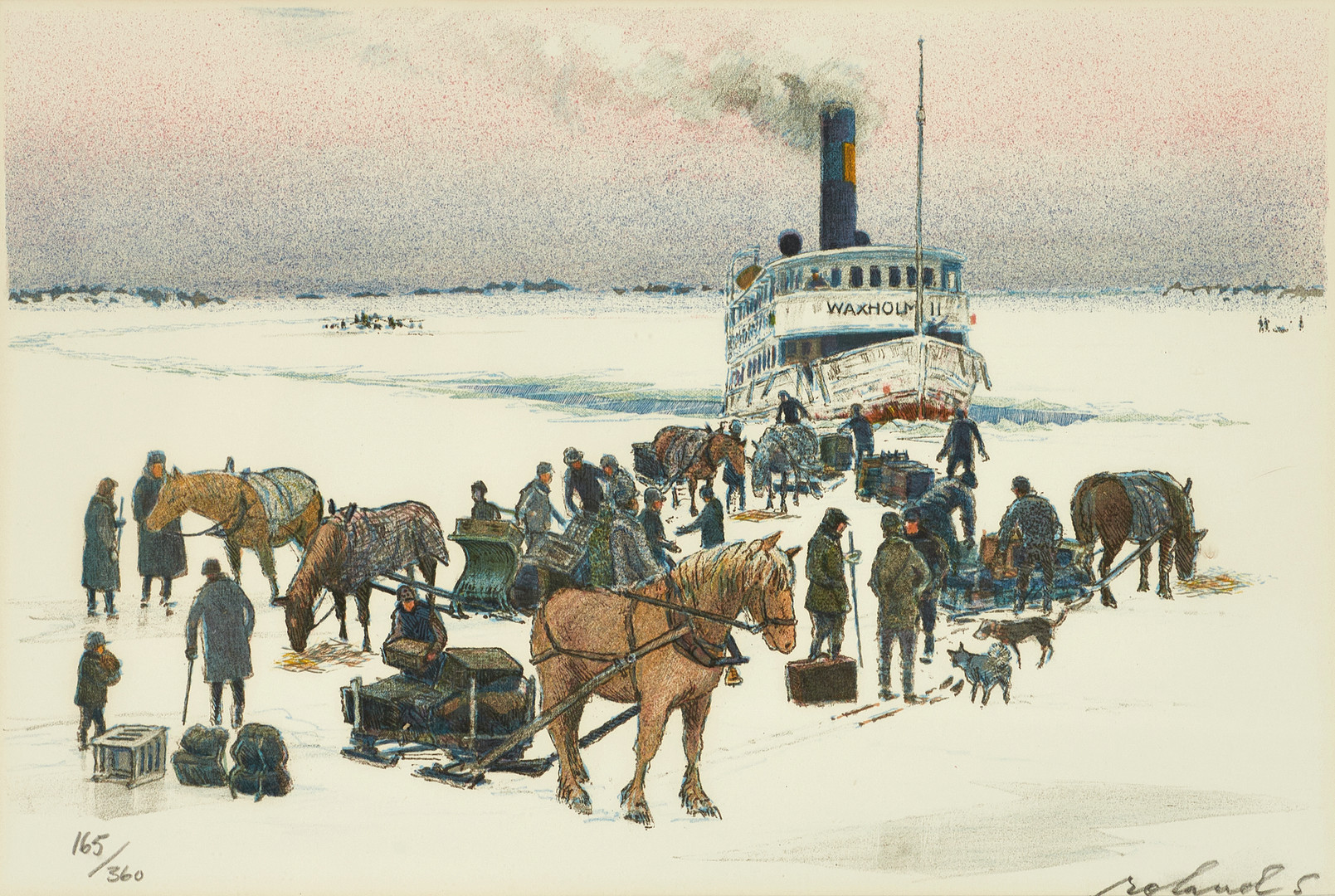 ROLAND SVENSSON (1910-2003). "Möte på isen", ur mappen Den Gamla Ångbåten, signerad och numrerad roland S 165/360, färglitografi.