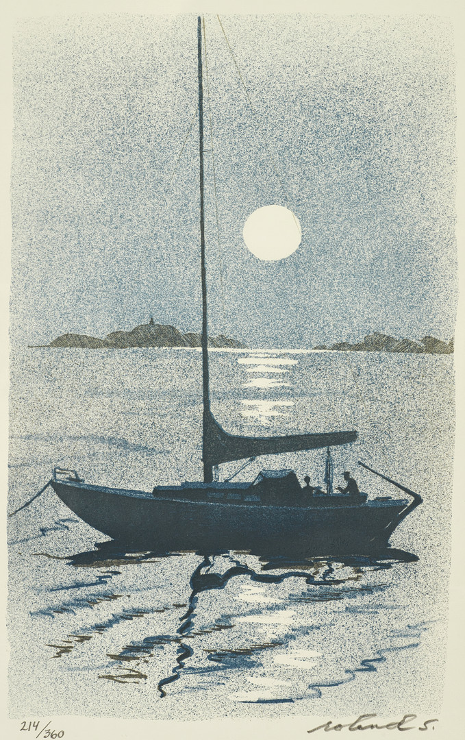 ROLAND SVENSSON (1910-2003). "Båtsnack", signerad och numrerad roland S., 214/360, färglitografi.