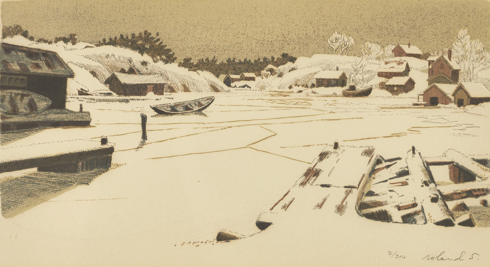 ROLAND SVENSSON (1910-2003). "Långviks vinter", signerad och numrerad roland S., 2/310, litografi.