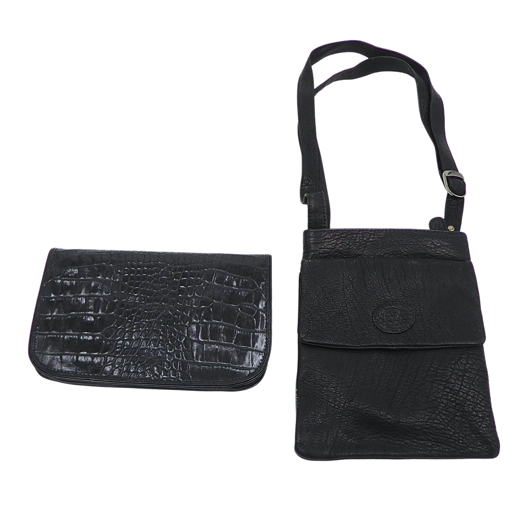 SCHWARZE LEDER-UMHÄNGETASCHE UND LEDERKLAPPTASCHE IM KROKODESIGN.