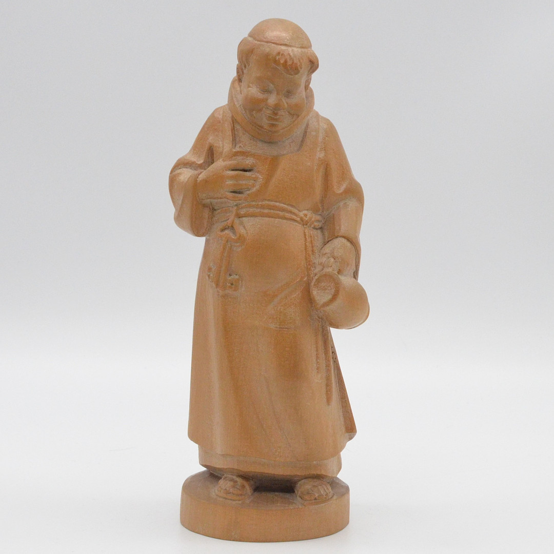 ALOIS OHMAYER. MÖNCH, HANDGESCHNITZTE FIGUR, FÜR NEBELHORN HOLZSCHNITZEREI, OBERSTDORF / ALLGÄU, UM 1990ER JAHRE, MIT STUDIOETIKETT.