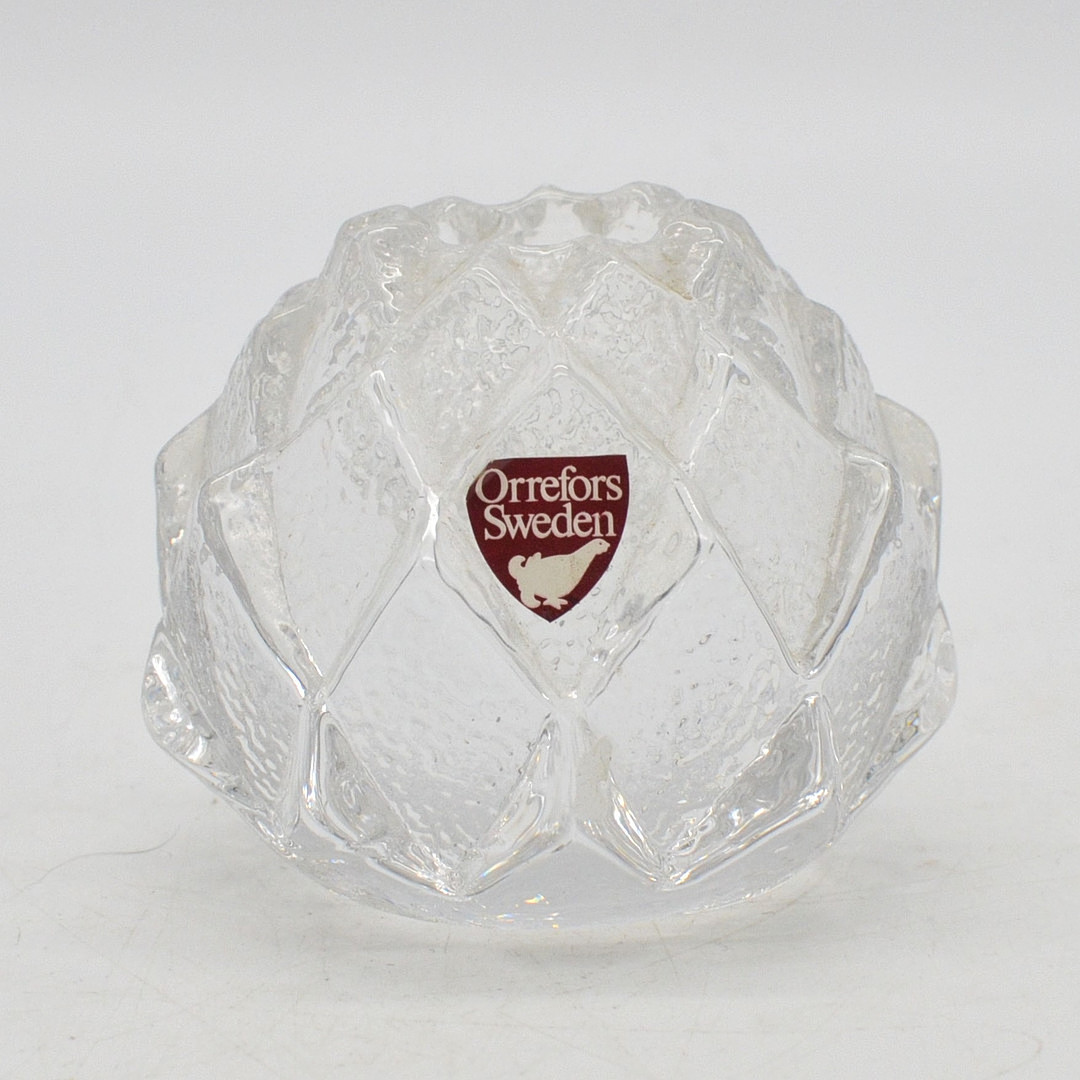 ORREFORS GLAS SWEDEN, BERIT JOHANSSON, "NIMBUS", KERZENHALTER, KRISTALLGLAS, UM 1970, MIT STUDIOETIKETT.
