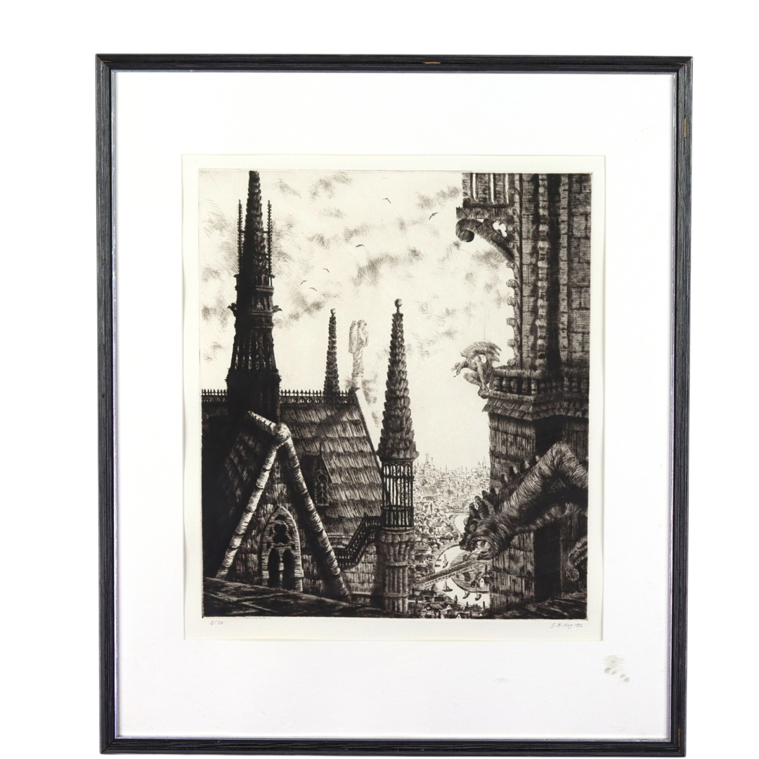 GÖRAN BILLING. Etsning 8/30, Notre Dame gargoyles med Paris i bakgrunden, signerad.