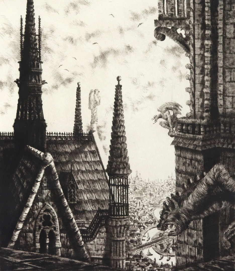 GÖRAN BILLING. Etsning 8/30, Notre Dame gargoyles med Paris i bakgrunden, signerad.