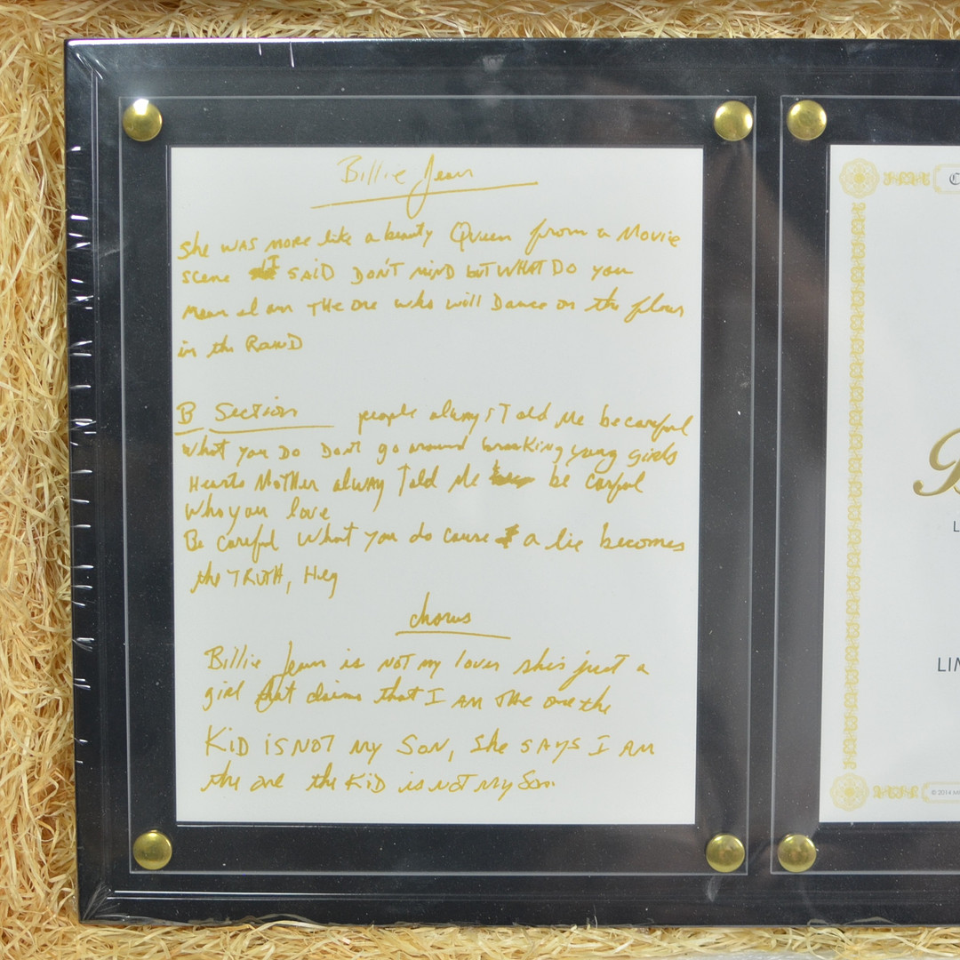 MICHAEL JACKSON (1958- 2009). BILLIE JEAN, LITHOGRAFIE DES HANDGESCHRIEBENENER SONGTEXTES, 2014, LIMITIERTE EDITION NR. 40 VON 100.