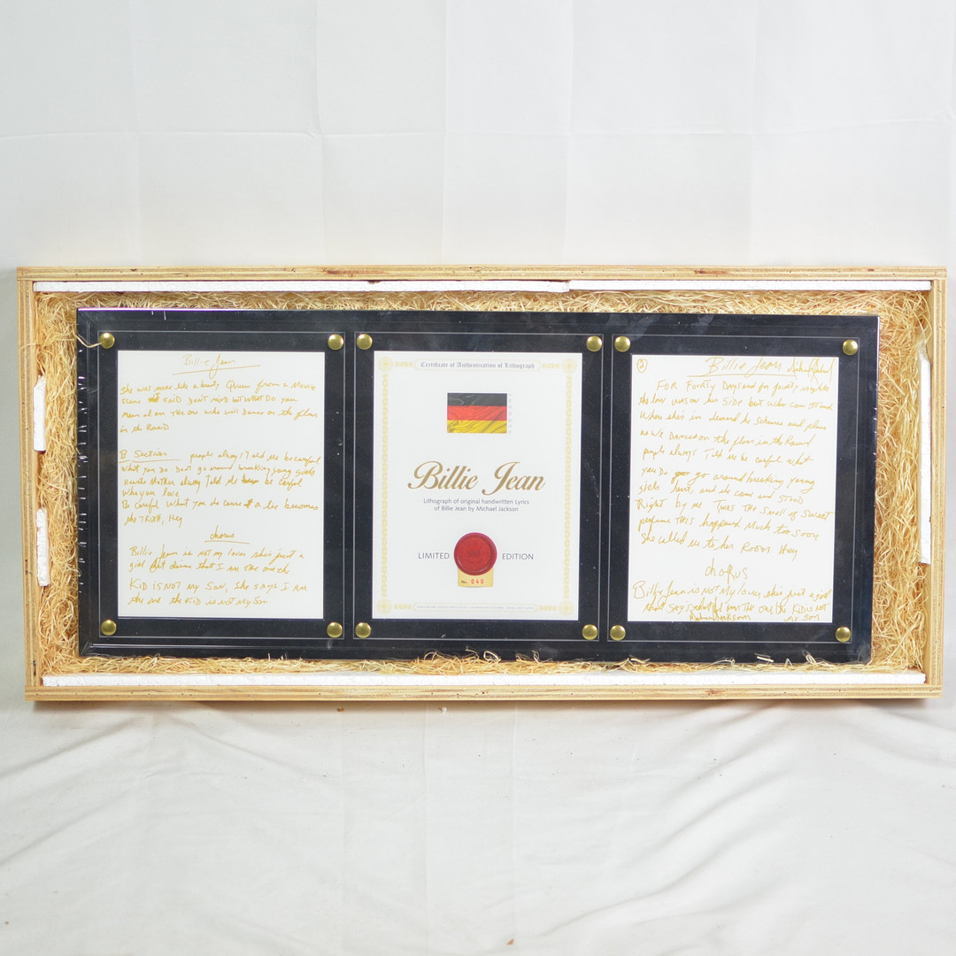 MICHAEL JACKSON (1958- 2009). BILLIE JEAN, LITHOGRAFIE DES HANDGESCHRIEBENENER SONGTEXTES, 2014, LIMITIERTE EDITION NR. 40 VON 100.