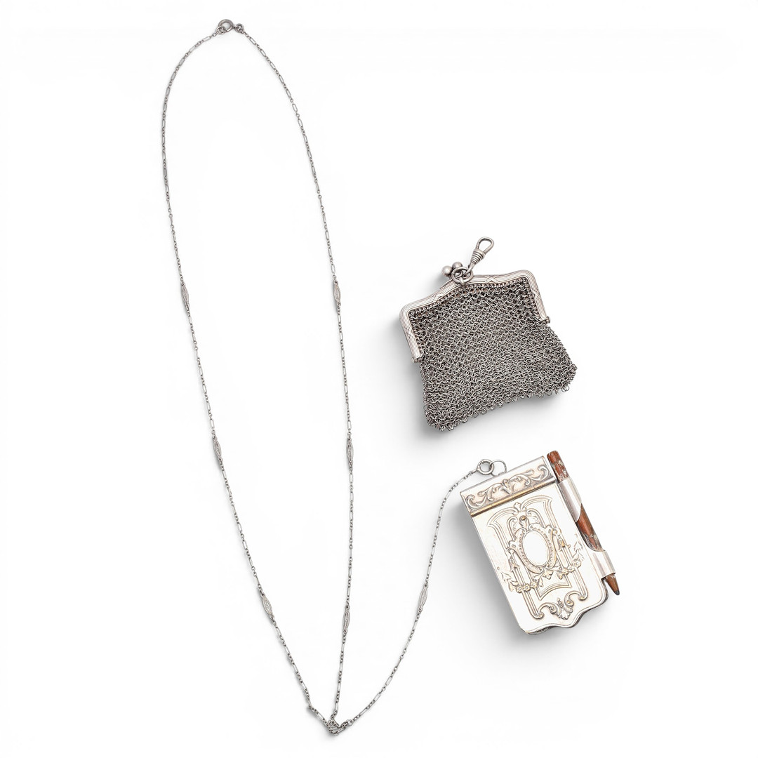 Silver mesh purse and dance card, early 20th Century.