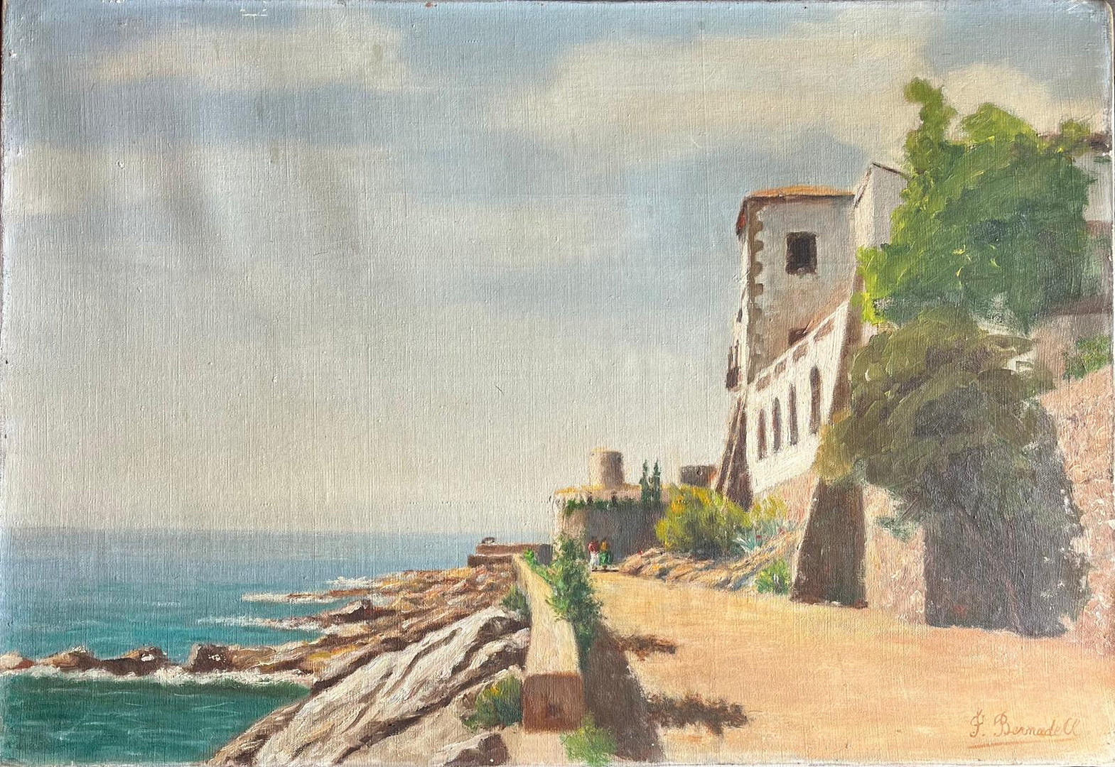 JOAN BERNADELL RODON. "Paseo de Ronda s'Agaró", óleo sobre lienzo.