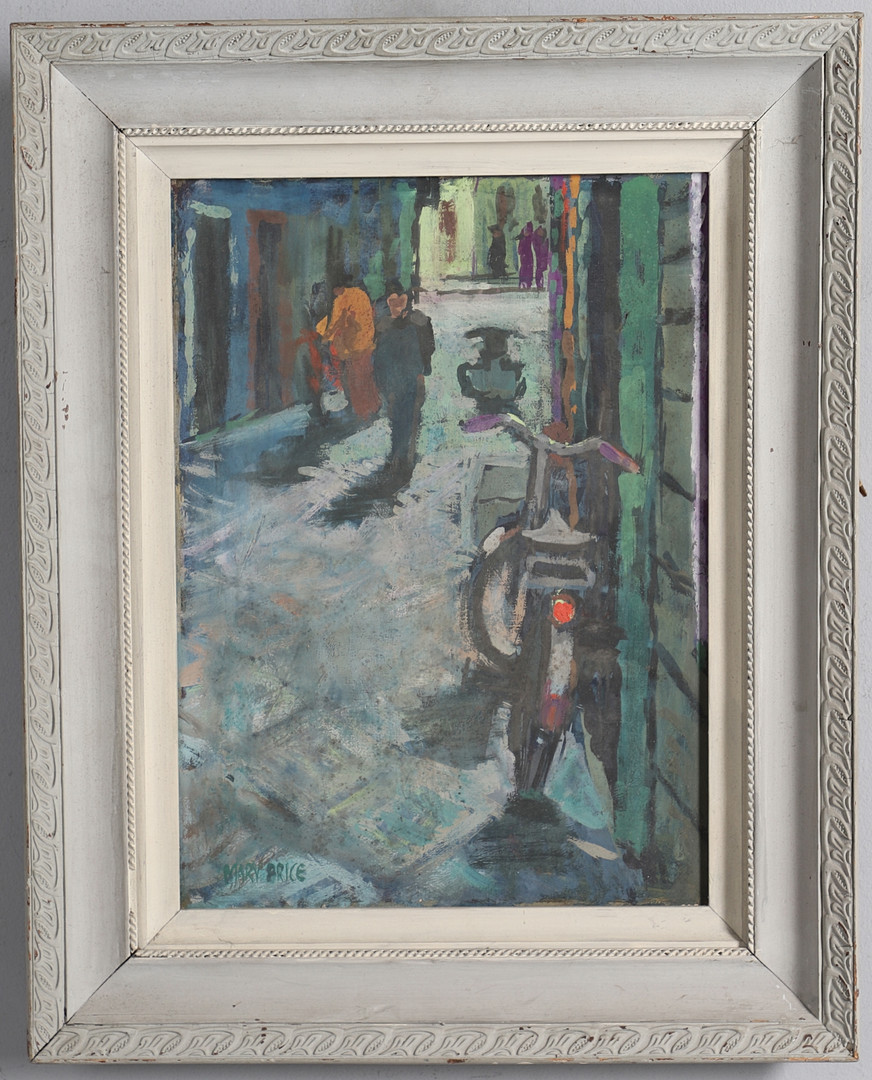 MARY BRICE (20TH CENTURY). STREET SCENE WITH FIGURES & PUSH BIKE.