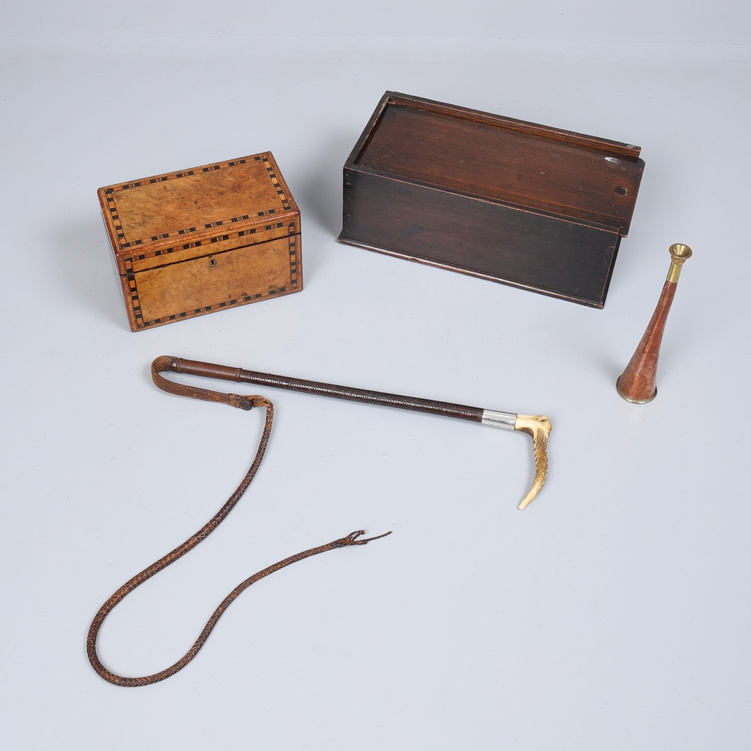 SILVER MOUNTED RIDING CROP, HUNTING HORN, WALNUT TEA CADDY, AND A BOX. (4).