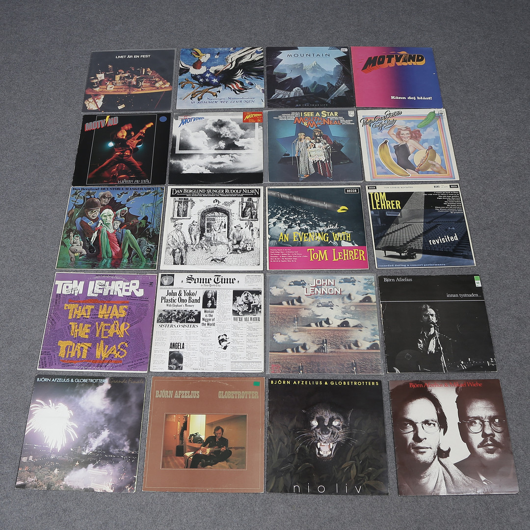 20 LP-SKIVOR, JOHN LENNON, BJÖRN AFZELIUS, JOHN & YOKO, TOM LEHRER, MOTVIND, MOUNTAIN M.M.