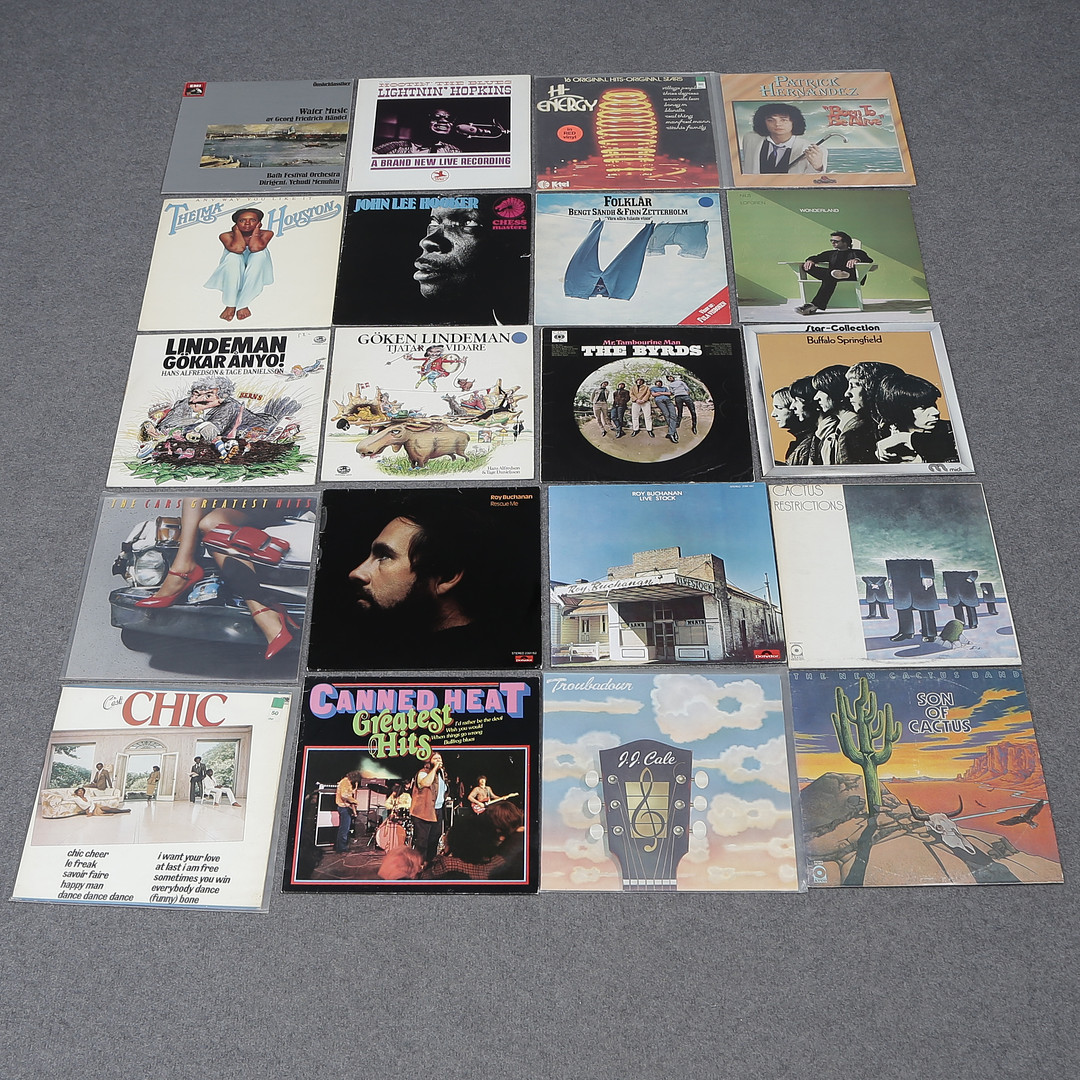 20 LP-SKIVOR, CACTUS, ROY BUCHANAN, BUFFALO SPRINGFIELD, THE BYRDS, FOLKLÅR, THELMA HOUSTON M.M.