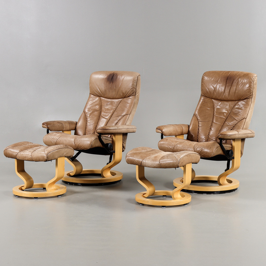 SNURRFÅTÖLJER 1 par "Stressless" med fotpallar, Ekornes, Norge, 1900-talets andra hälft.