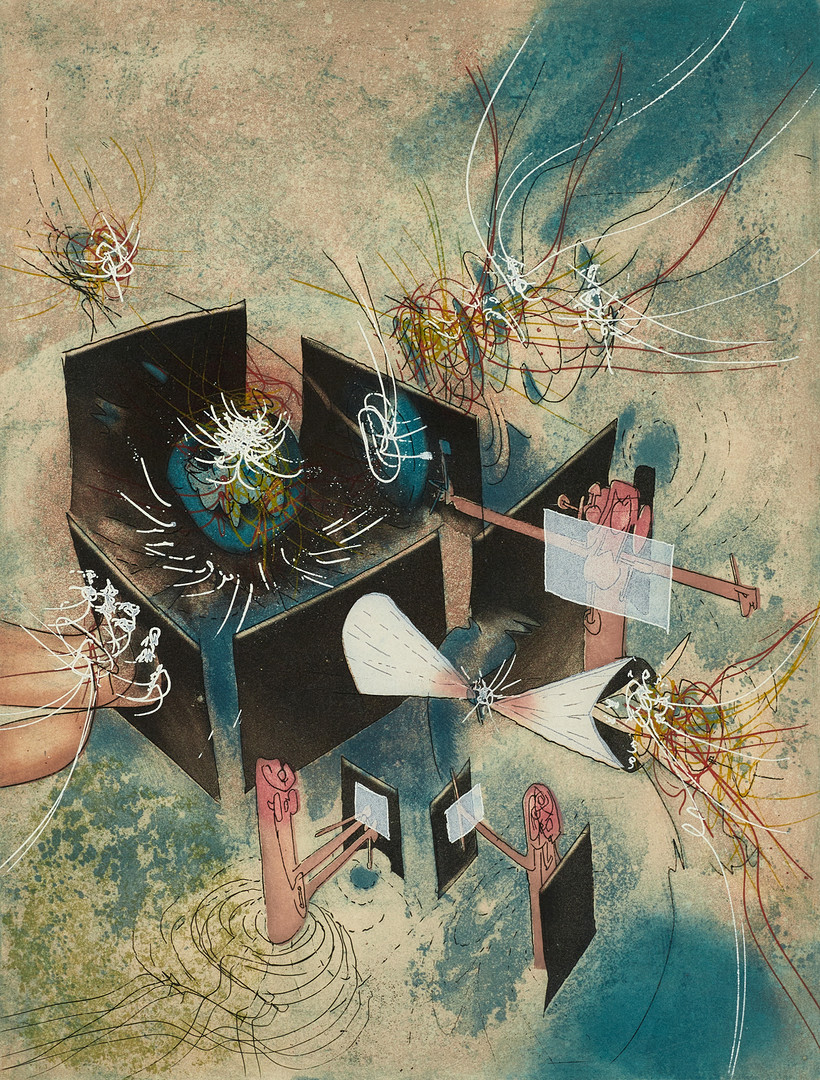 ROBERTO MATTA (Chile, 1911-2002). #6, ur "Hom'mere III – L’Ergonaute", 1977, signerad med blyerts, numrerad 59/100, färgetsning och akvatint.