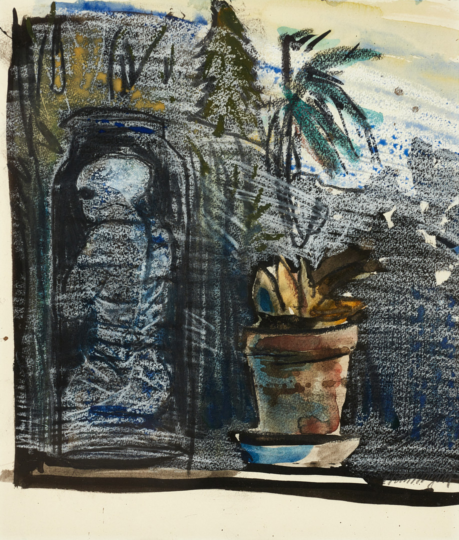 HANS WIGERT (1932-2015). "I fönstret" (1984), signerad, akvarell och torrkrita på papper.