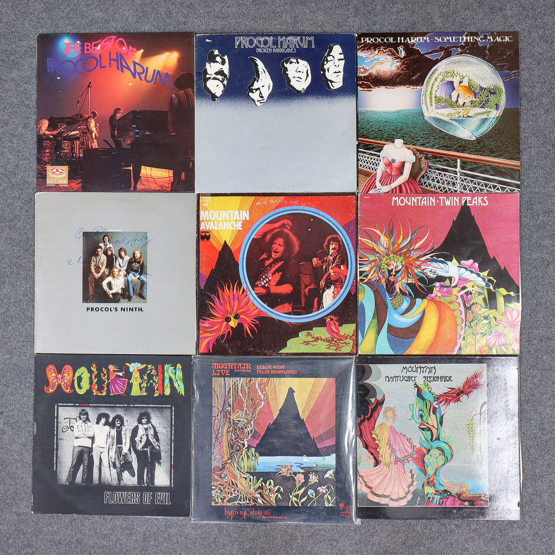 9 LP-SKIVOR, MOUNTAIN SAMT PROCOL HARUM (EN LP MED AUTOGRAFER).