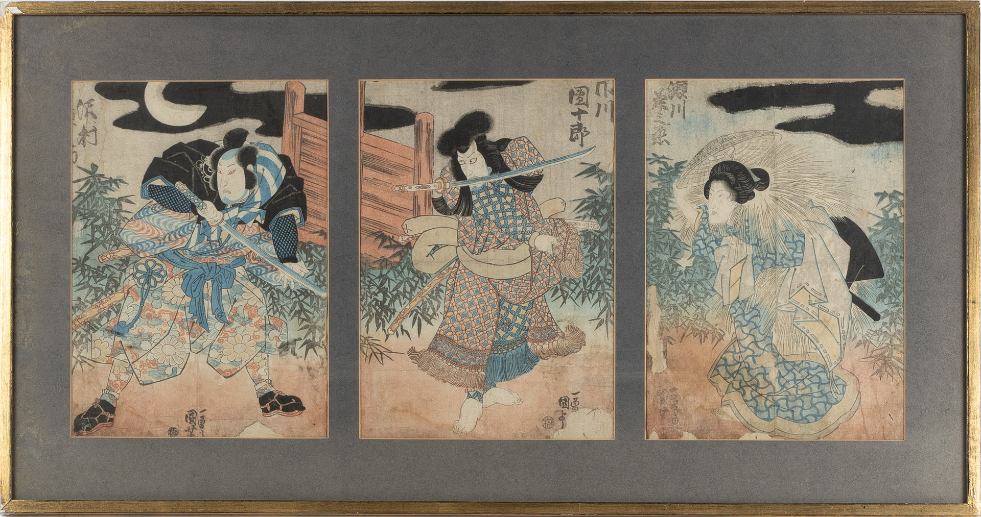 UTAGAWA KUNIYOSHI (1798-1861). TILLSKRIVEN. "Kabuki story", triptyk, blandteknik.
