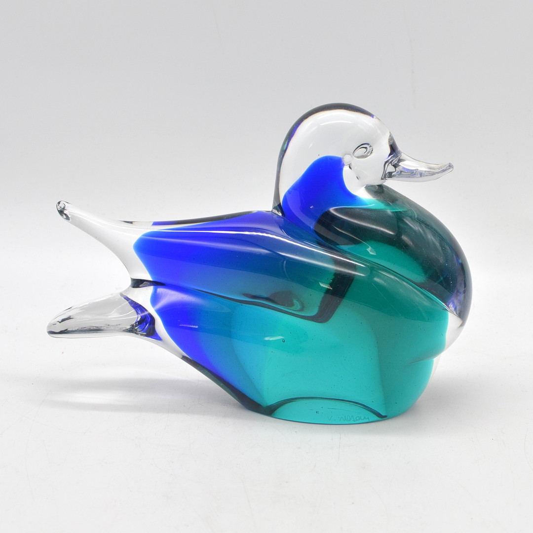 VINCENZO NASON. MURANO GLAS SKULPTUR, ENTE, MEHRFACHES STUDIOGLAS, ITALIEN, UM 1960, SIGNIERT, HÖHE CA. 14 CM.