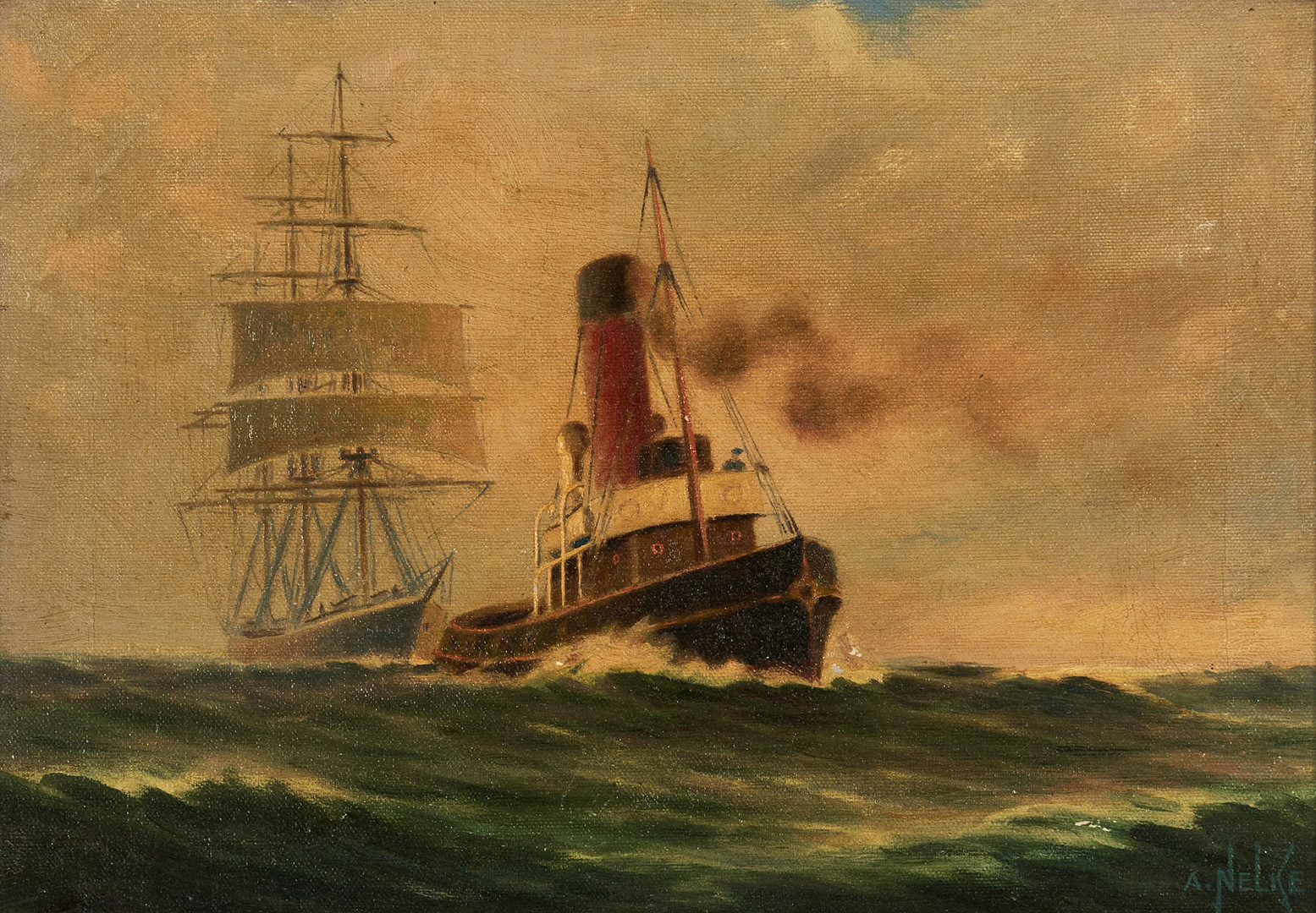 ALEXANDER NELKE (ESTLAND/USA, 1894-1974). Ångfartyg och segelskuta, signerad A. Nelke, olja på duk.