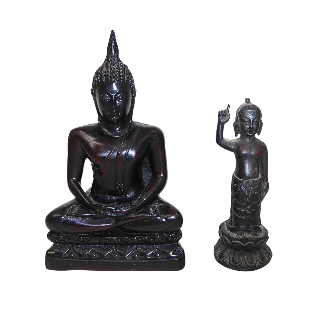 ZWEI SKULPTUREN, SITZENDER BUDDHA UND SIDDHARTHA ALS KIND, ASIATIKA.