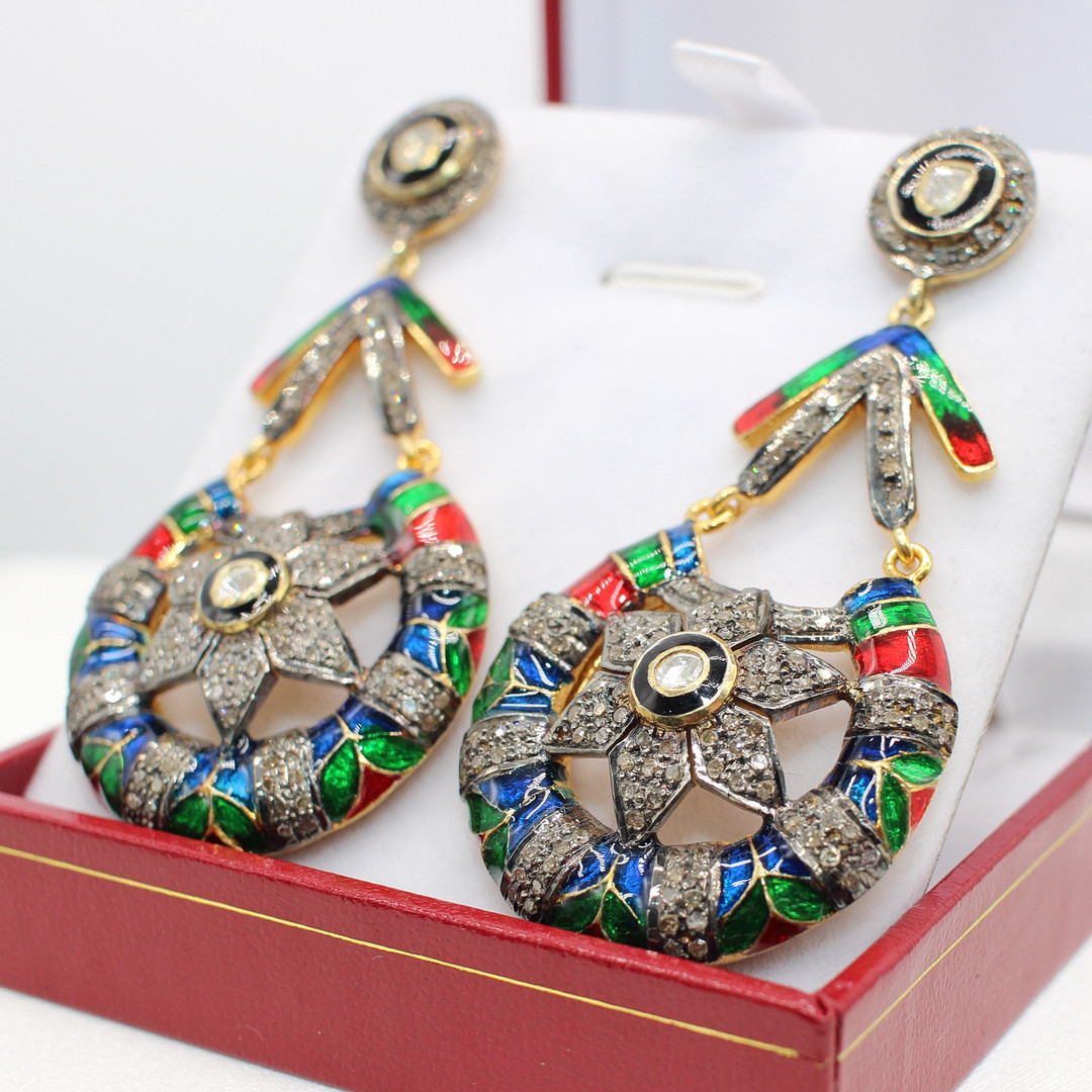 LARGE DIAMOND & ENAMEL DROP EARRINGS.