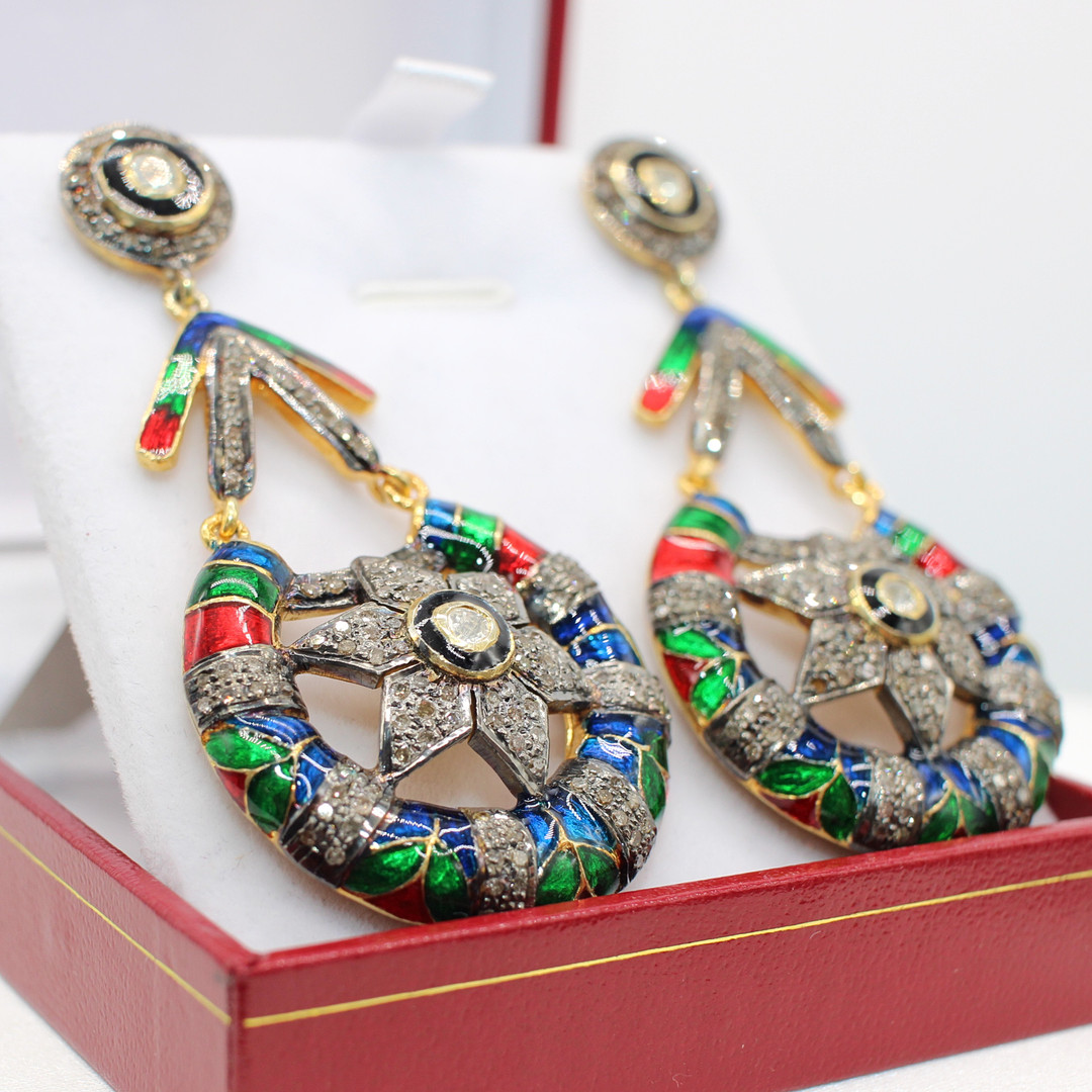 LARGE DIAMOND & ENAMEL DROP EARRINGS.