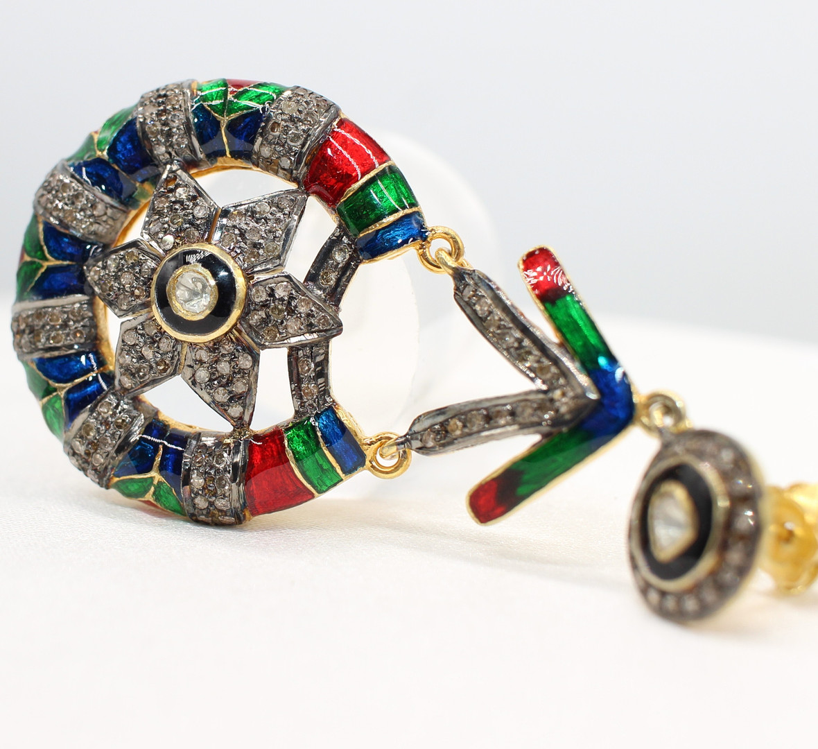 LARGE DIAMOND & ENAMEL DROP EARRINGS.